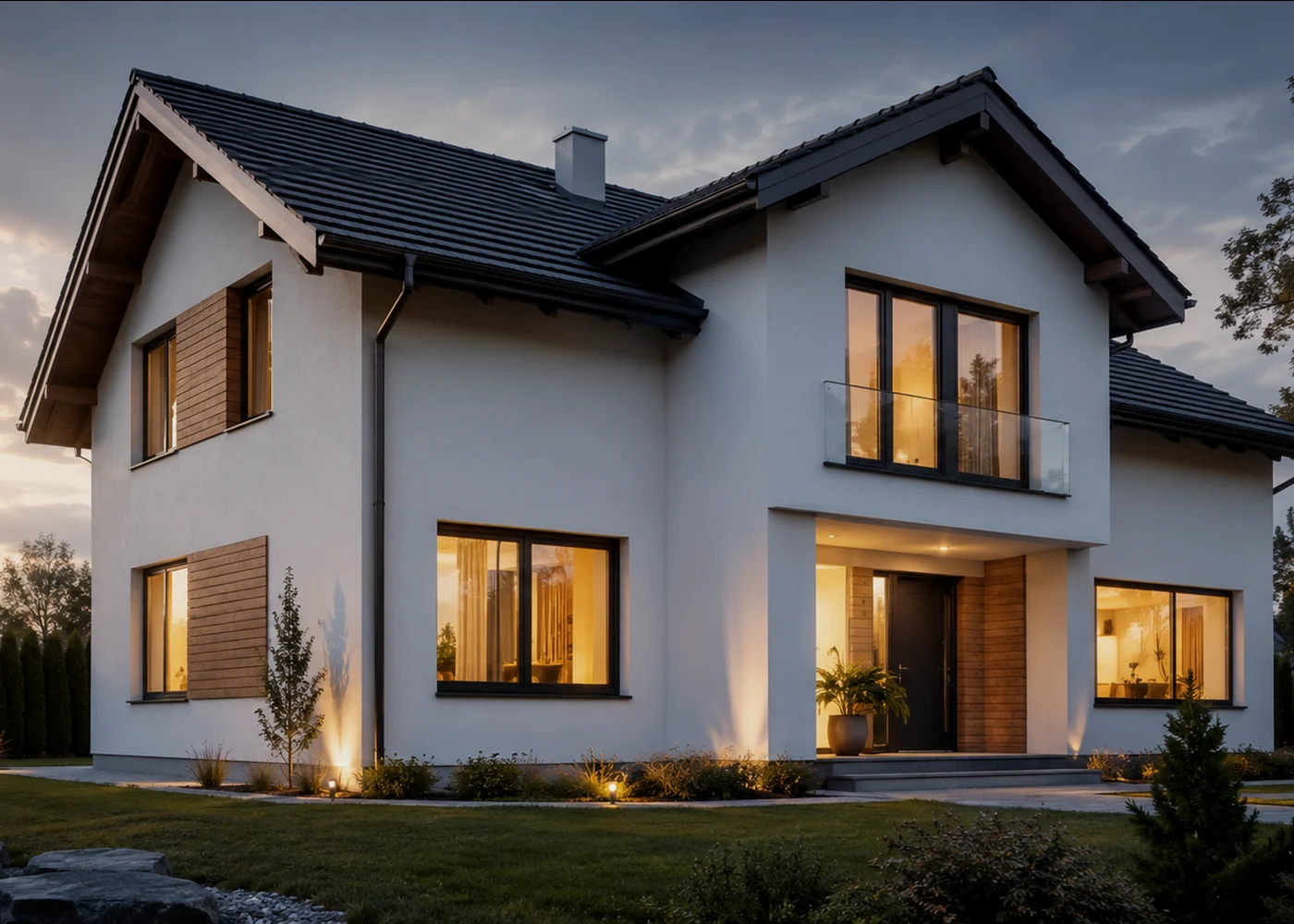 White rendered house at dusk
